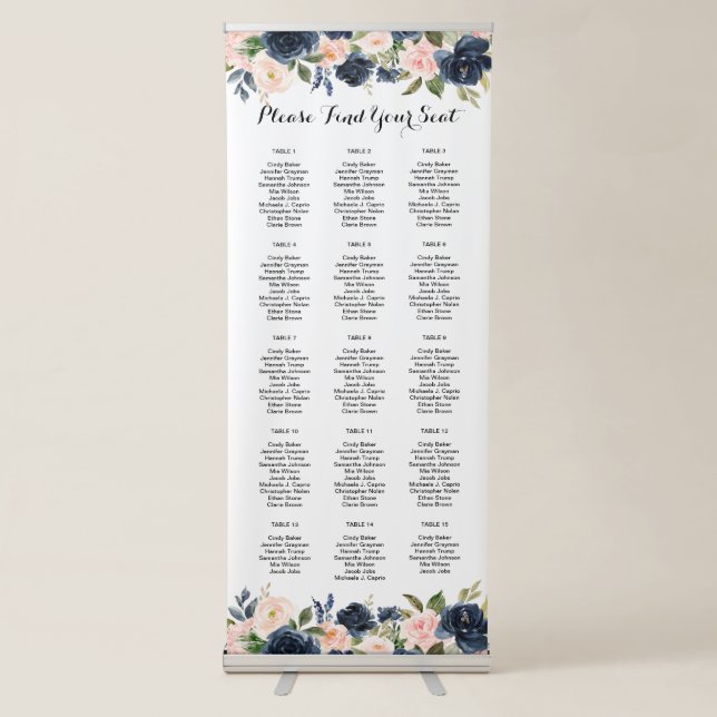 Navy Blush Blossom Floral Seating Chart Retractable Banner (Front)