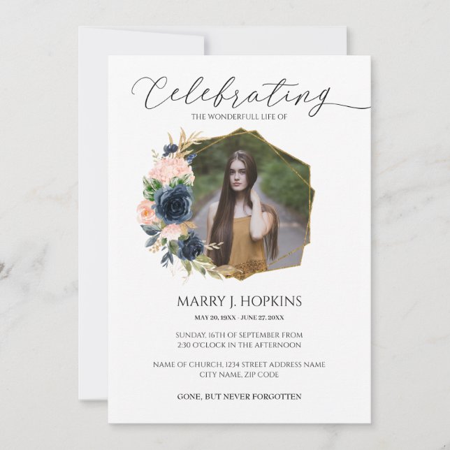 Navy Blush Blossom Photo Celebration of Life Invitation (Front)