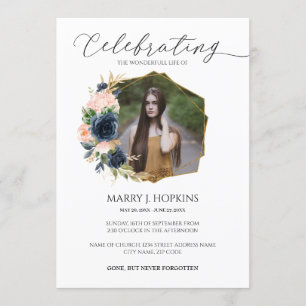 Navy Blush Blossom Photo Celebration of Life Invitation