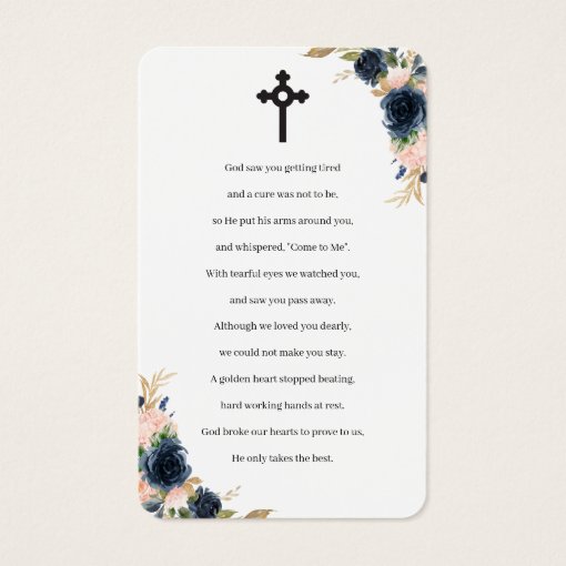 Navy Blush Blossom Photo Funeral Prayer Cards | Zazzle