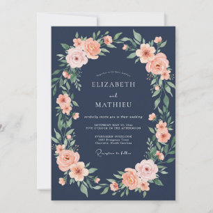 Navy Blush Blossom Romance Wedding Invitation
