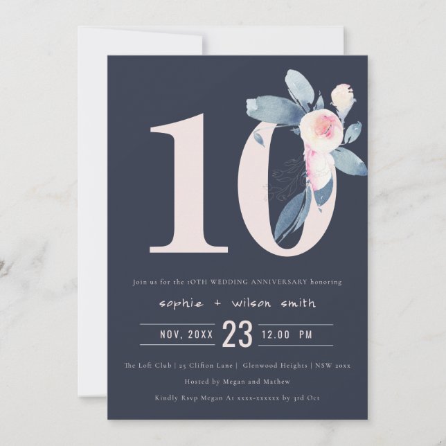 NAVY BLUSH BLUE FLORAL 10TH ANY YEAR ANNIVERSARY INVITATION (Front)