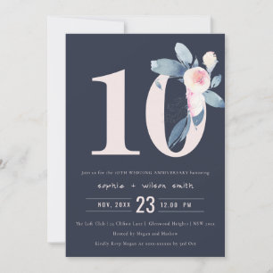 NAVY BLUSH BLUE FLORAL 10TH ANY YEAR ANNIVERSARY INVITATION
