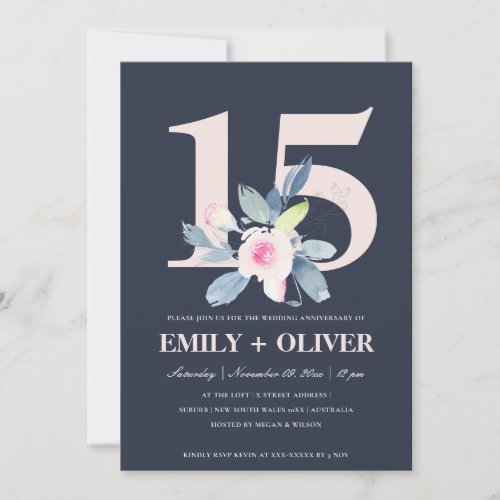 NAVY BLUSH BLUE FLORAL 15TH ANY YEAR ANNIVERSARY INVITATION