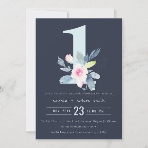 NAVY BLUSH BLUE FLORAL 1st ANY YEAR ANNIVERSARY Invitation