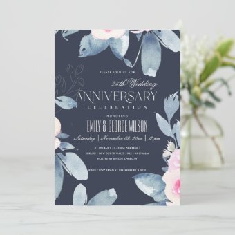 NAVY BLUSH BLUE FLORAL 25th ANY YEAR ANNIVERSARY Invitation | Zazzle