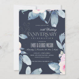 NAVY BLUSH BLUE FLORAL 25th ANY YEAR ANNIVERSARY Invitation | Zazzle