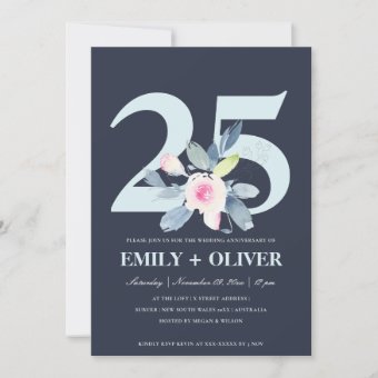 NAVY BLUSH BLUE FLORAL 25TH ANY YEAR ANNIVERSARY INVITATION | Zazzle