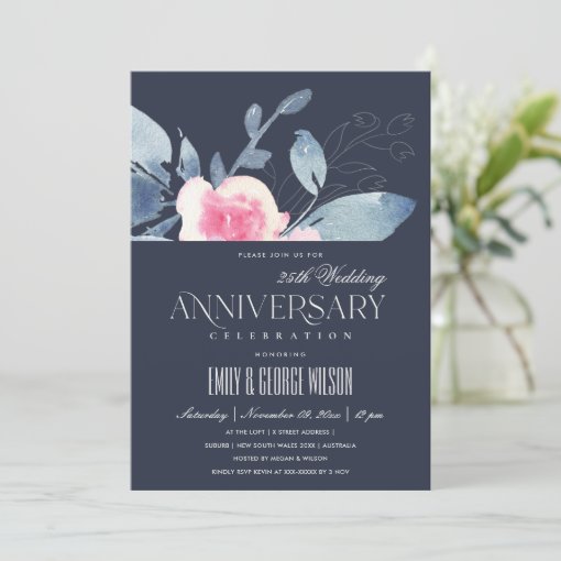 NAVY BLUSH BLUE FLORAL 25th ANY YEAR ANNIVERSARY Invitation | Zazzle