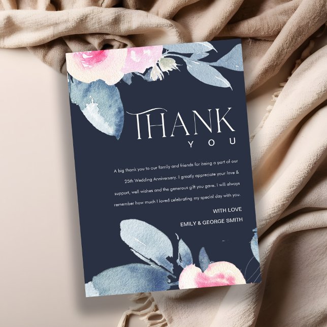 NAVY BLUSH BLUE FLORAL 25TH ANY YEAR ANNIVERSARY THANK YOU CARD (Creator Uploaded)