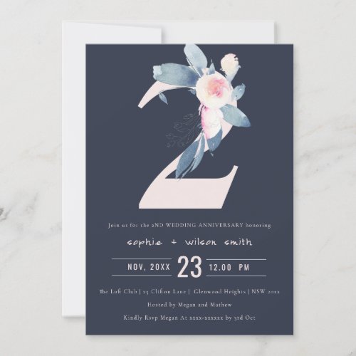 NAVY BLUSH BLUE FLORAL 2ND ANY YEAR ANNIVERSARY INVITATION