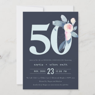 NAVY BLUSH BLUE FLORAL 50TH ANY YEAR ANNIVERSARY INVITATION