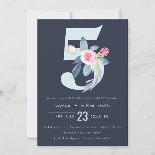 NAVY BLUSH BLUE FLORAL 5TH ANY YEAR ANNIVERSARY INVITATION