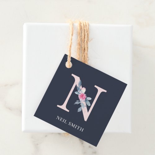 NAVY BLUSH BLUE FLORAL ALPHABETS NAME LETTER N FAVOR TAGS