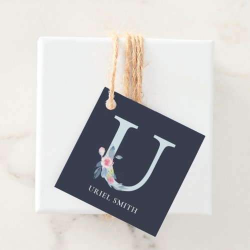 NAVY BLUSH BLUE FLORAL ALPHABETS NAME LETTER U FAVOR TAGS