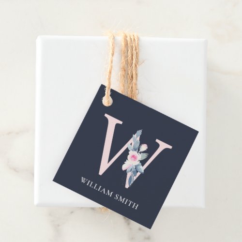 NAVY BLUSH BLUE FLORAL ALPHABETS NAME LETTER W FAVOR TAGS