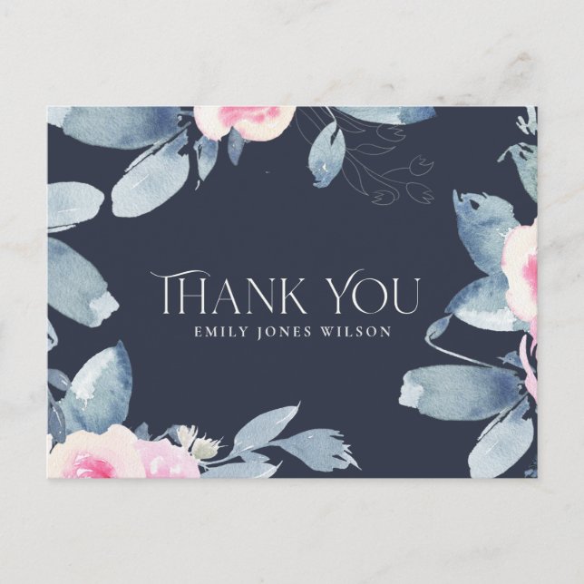 NAVY BLUSH BLUE FLORAL ANY AGE BIRTHDAY THANK YOU ANNOUNCEMENT POSTCARD (Front)