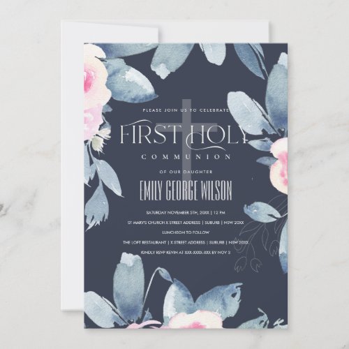 NAVY BLUSH BLUE FLORAL BUNCH FIRST HOLY COMMUNION INVITATION
