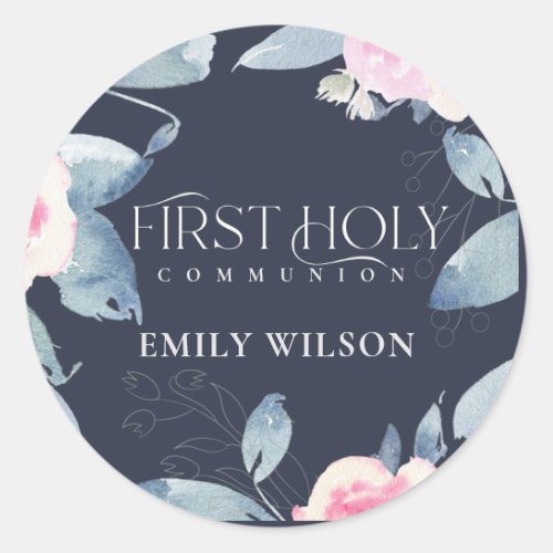 NAVY BLUSH BLUE FLORAL FRAME FIRST HOLY COMMUNION CLASSIC ROUND STICKER