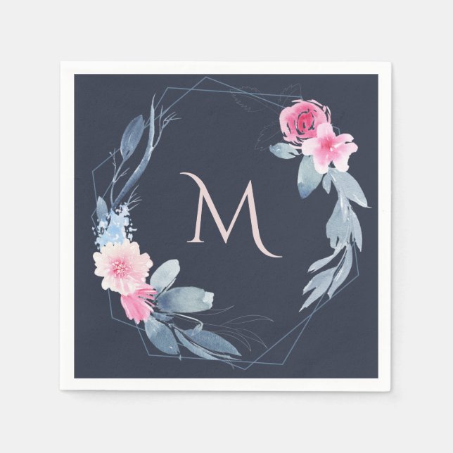 NAVY BLUSH BLUE FLORAL MONOGRAM WREATH WEDDING NAPKINS (Front)