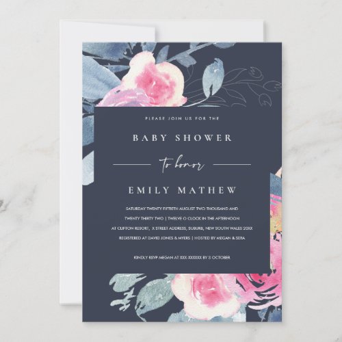 NAVY BLUSH BLUE FLORAL WATERCOLOR BABY SHOWER INVITATION