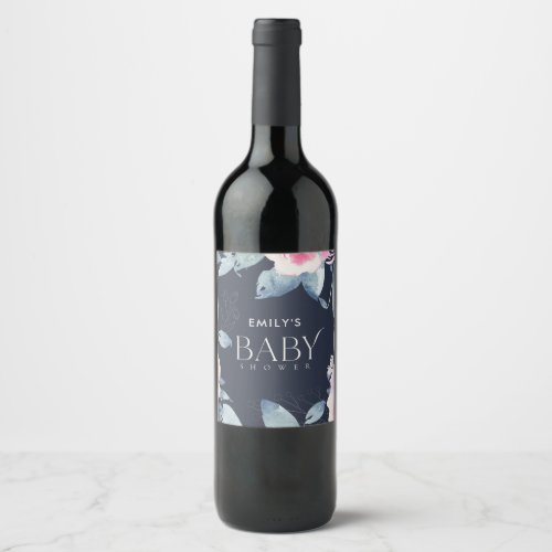 NAVY BLUSH BLUE FLORAL WATERCOLOR BABY SHOWER WINE LABEL