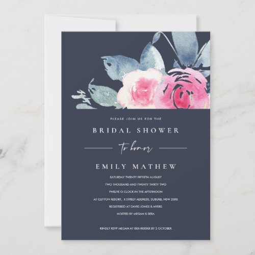 NAVY BLUSH BLUE FLORAL WATERCOLOR BRIDAL SHOWER INVITATION