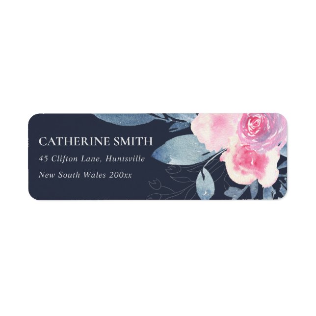 NAVY BLUSH BLUE FLORAL WATERCOLOR  BUNCH ADDRESS LABEL (Front)