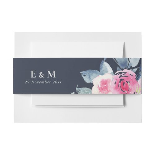 NAVY BLUSH BLUE FLORAL WATERCOLOR  BUNCH WEDDING INVITATION BELLY BAND