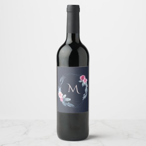 NAVY BLUSH BLUE FLORAL WATERCOLOR WREATH MONOGRAM WINE LABEL