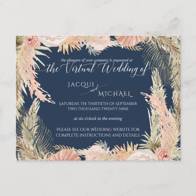 Navy Blush Bohemian Pampas Floral Virtual Wedding Postcard (Front)