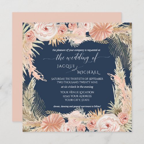 Navy Blush BOHO Rose Peony Floral Pampas Grass Invitation