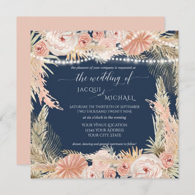 Navy Blush BOHO Twinkle Lights Floral Pampas Grass Invitation (Front/Back)
