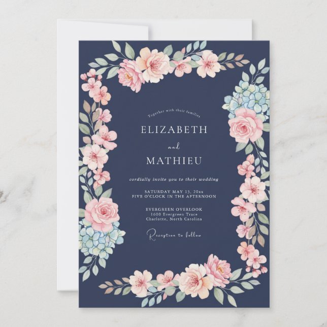 Navy Blush Botanical Floral Wedding Invitation (Front)