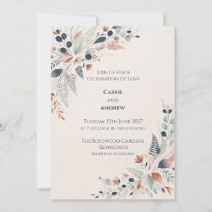 Navy Blush Botanical Line Art Wedding Invitation