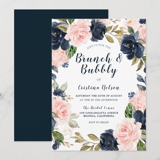 Navy & Blush Brunch & Bubbly Bridal Shower Invitation (Front/Back)