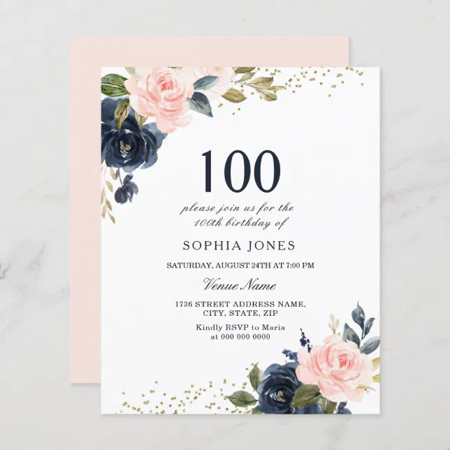 Navy & Blush Budget 100th Birthday Invitation 