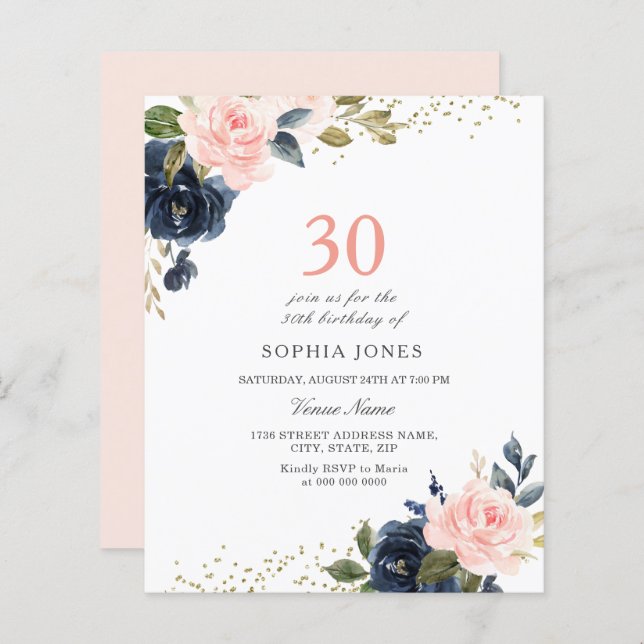 Navy & Blush Budget 30th Birthday Invitation (Front/Back)