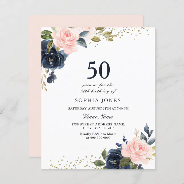 Navy & Blush Budget 50th Birthday Invitation | Zazzle