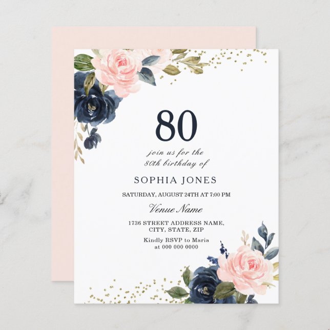 Navy & Blush Budget 80th Birthday Invitation (Front/Back)