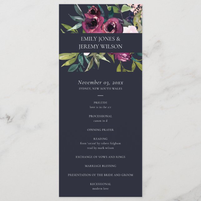 NAVY BLUSH BURGUNDY FLORA WEDDING CEREMONY PROGRAM (Front)