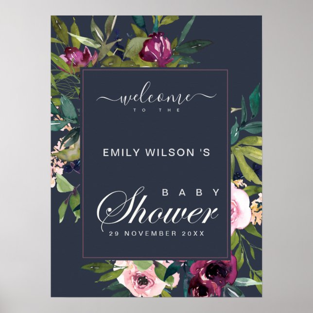 NAVY BLUSH BURGUNDY FLORAL BABY SHOWER WELCOME POSTER (Front)