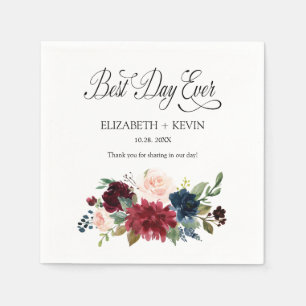 Navy Blush Burgundy Floral Best Day Ever Wedding Napkins