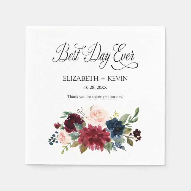 Navy Blush Burgundy Floral Best Day Ever Wedding Napkins (Front)