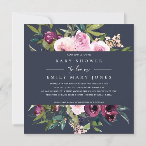 NAVY BLUSH BURGUNDY FLORAL BUNCH BABY SHOWER INVITATION