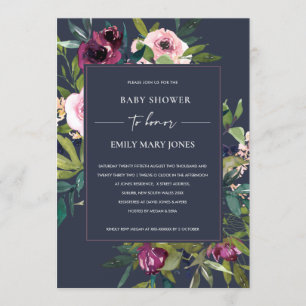 NAVY BLUSH BURGUNDY FLORAL BUNCH BABY SHOWER INVITATION