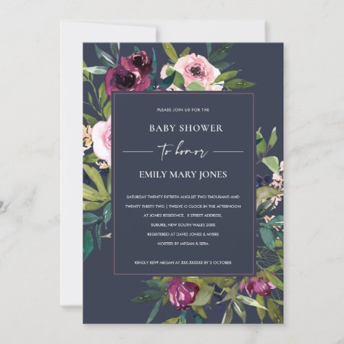 NAVY BLUSH BURGUNDY FLORAL BUNCH BABY SHOWER INVITATION