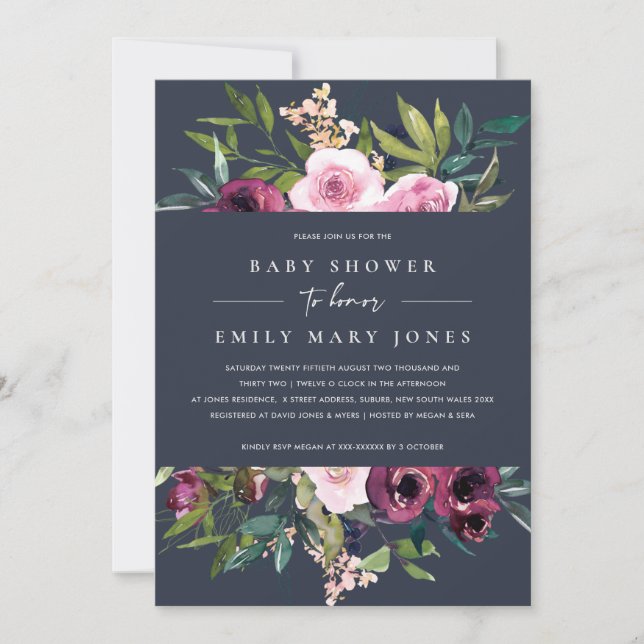 NAVY BLUSH BURGUNDY FLORAL BUNCH BABY SHOWER INVITATION (Front)