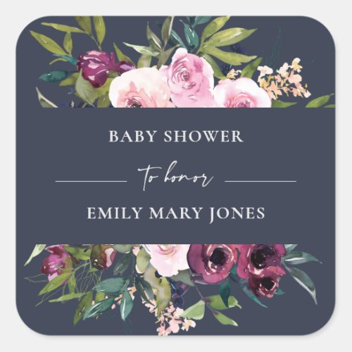 NAVY BLUSH BURGUNDY FLORAL BUNCH BABY SHOWER SQUARE STICKER