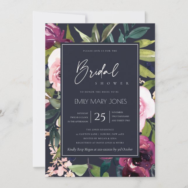 NAVY BLUSH BURGUNDY FLORAL BUNCH BRIDAL SHOWER INVITATION (Front)